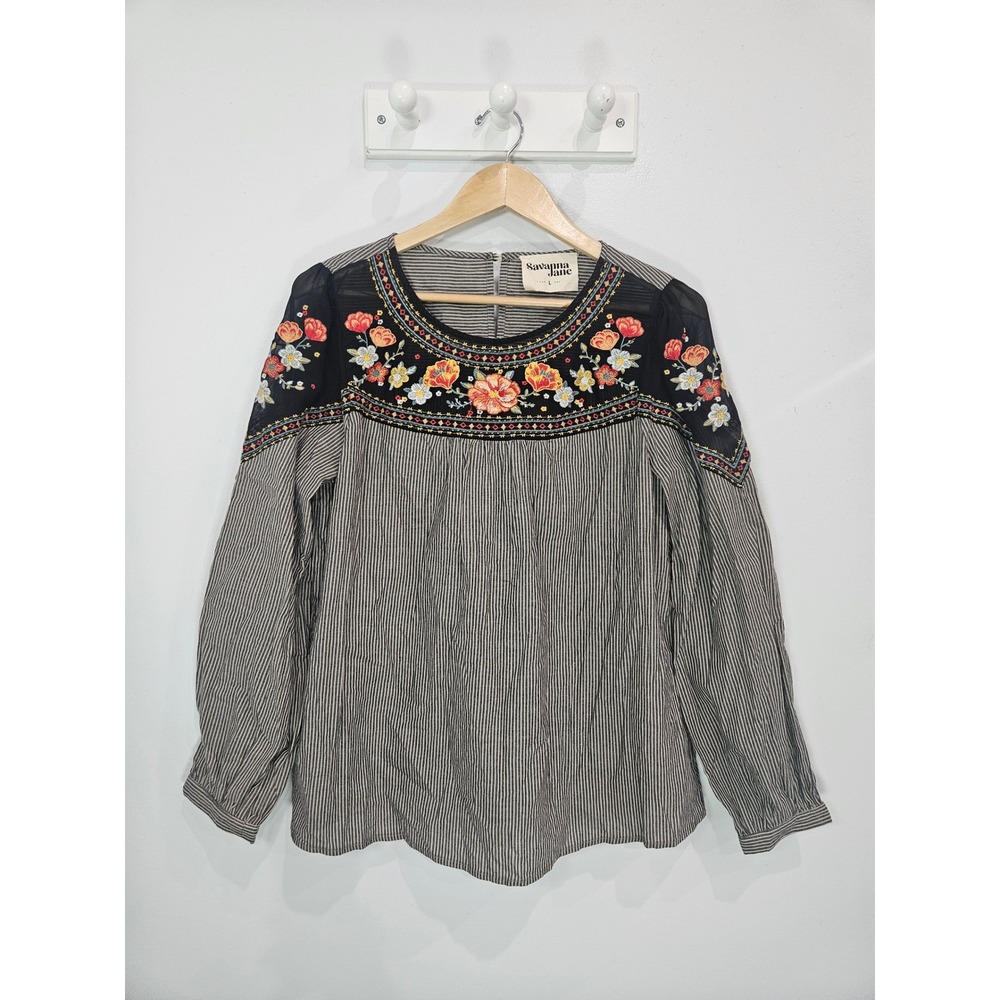Savanna Jane Womens Striped Floral Embroidered Long Sleeve Blouse Black Large